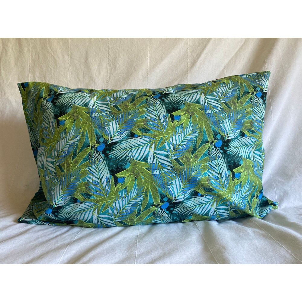 Blue and Green Pillowcase with Ti & Palm Leaves | Handmade | 100% Cotton